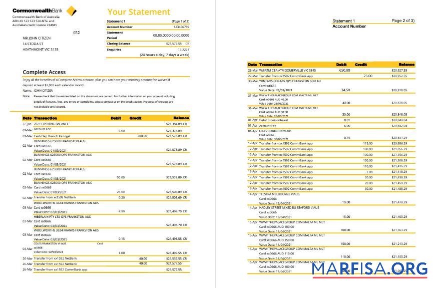 Printable Australia Commonwealth bank statement excel real example